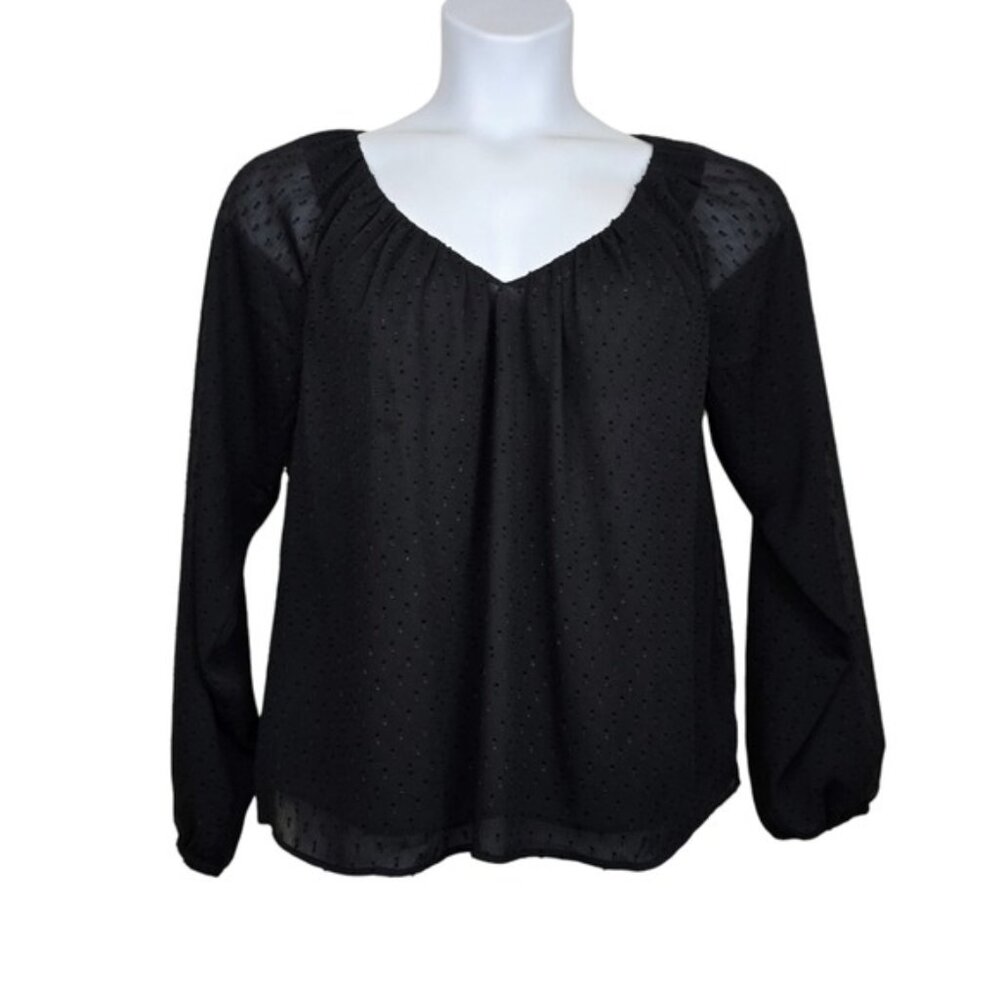 Ann Taylor Womens Black Clip Dot Chiffon V-Neck Blouse Size S NWT